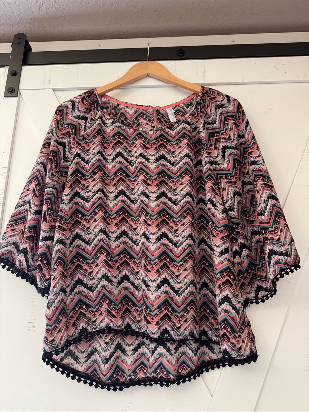 Xhilaration Pink Chevron Peasant Blouse with Pom Trim